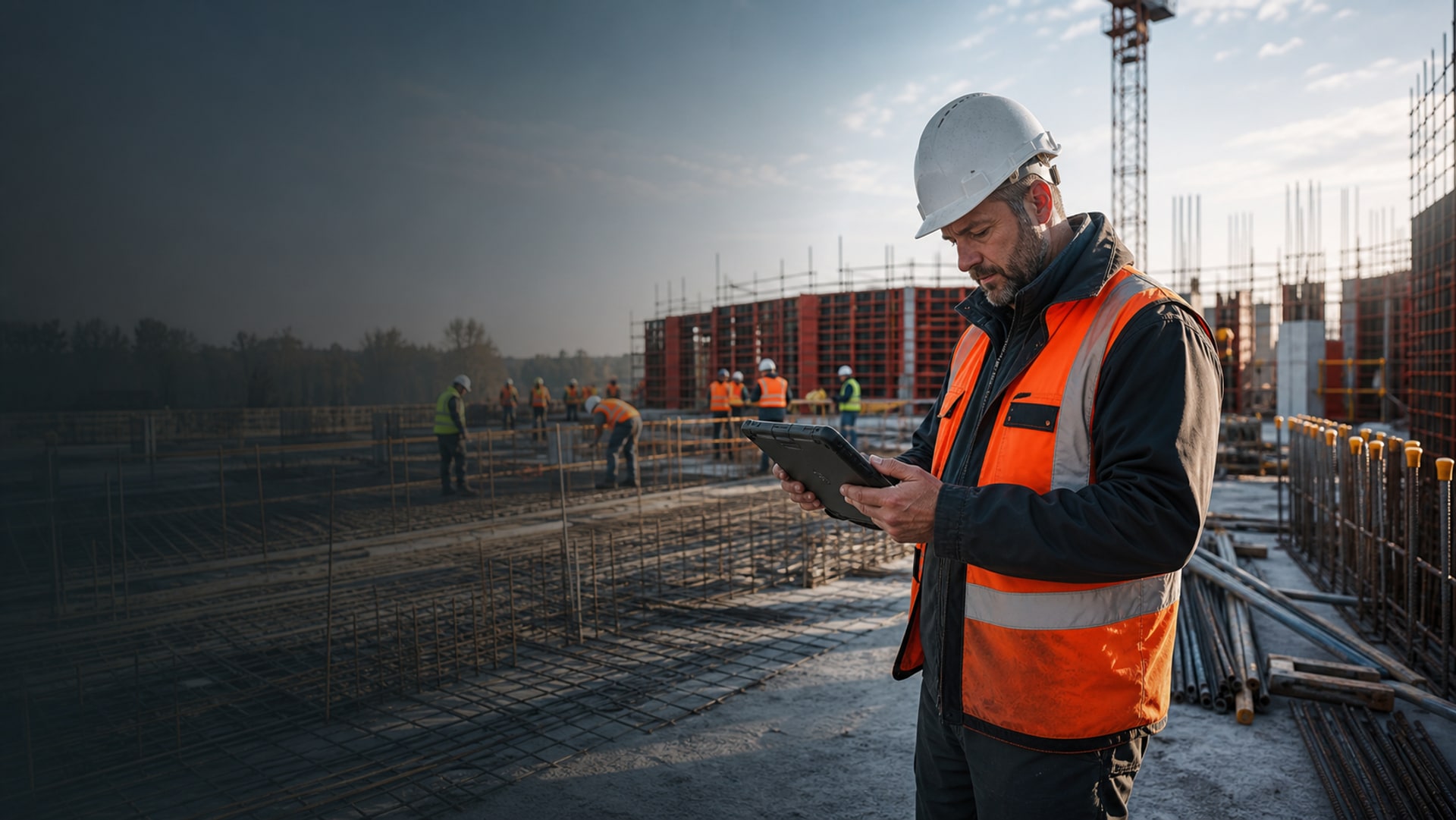 Polier dokumentiert den Arbeitstag digital auf einer Baustelle